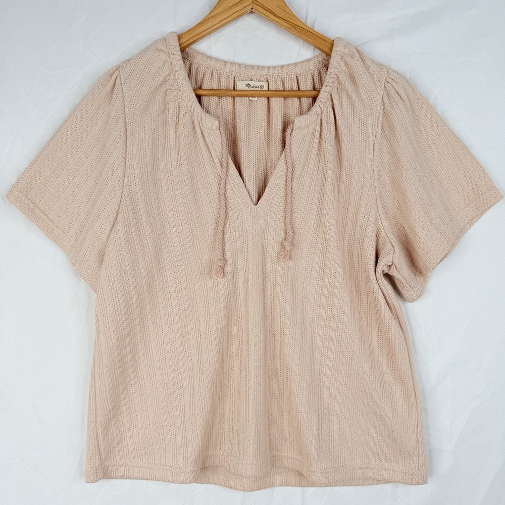 Madewell Women's  Medium Pointelle Tie‎ Neck Top V Neck Shirt Sleeve Blush NWOT